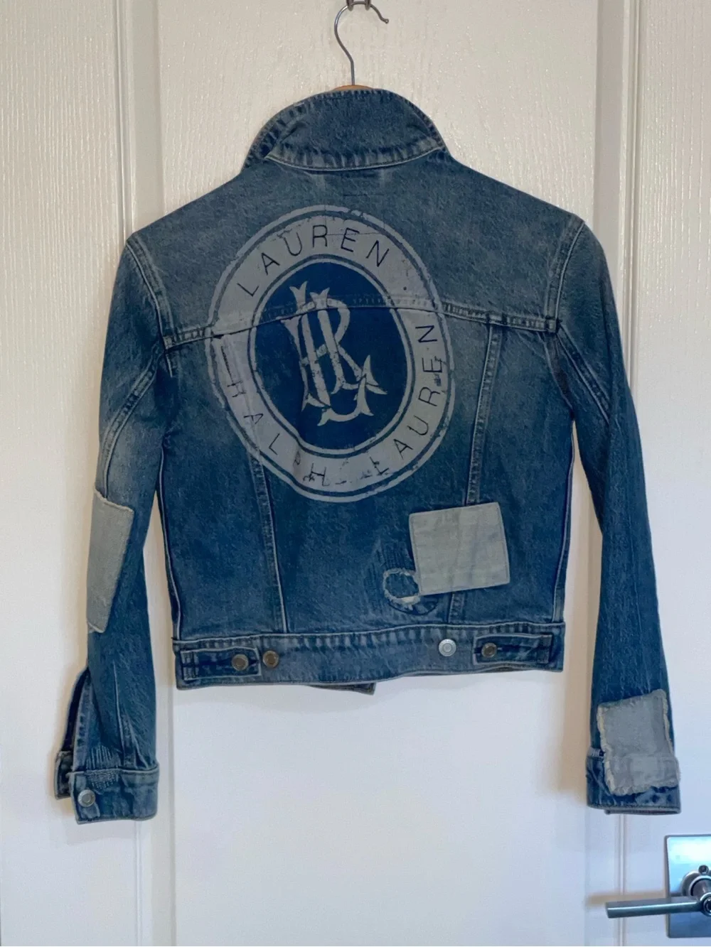 RALPH LAUREN Womens Patchwork Big Logo Denim Jacket Blue XXS Crop Distressed - Picture 2 of 10